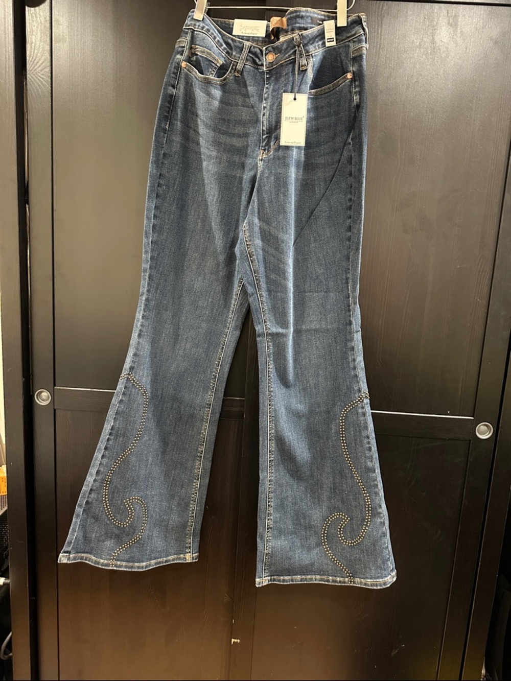 Judy Blue Dark Blue Flare Jeans with Swirl Stud Detail - Picture 12 of 15